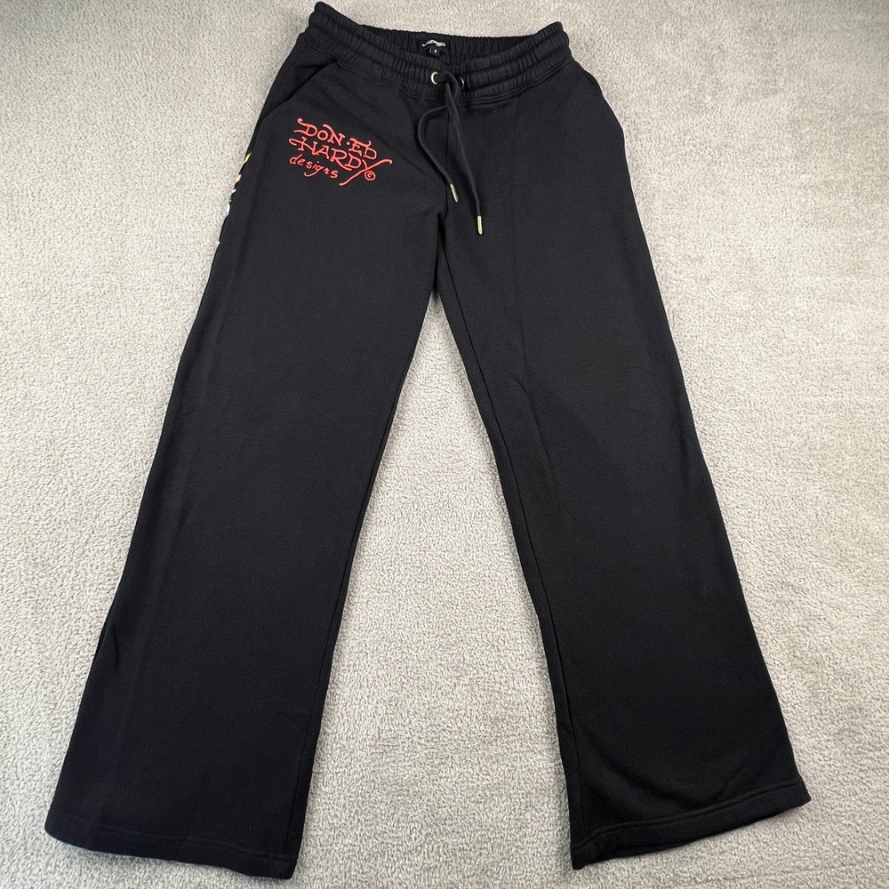 Ed Hardy Sweatpants Women Small Black Wide Leg Skull Graphic Y2K Streetwear Punk - Picture 2 of 16